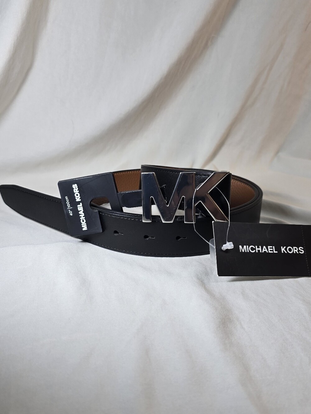 Michael Kors Black/Tan Leather Belt with MK Buckle